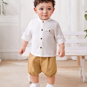 toddler boys' linen blend mandarin collar shirt & bloom shorts set