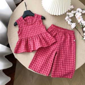girls' berry gingham ruffle peplum & wide leg trouser set