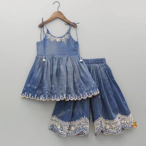 indigo bloom girls embroidered top & sharara set