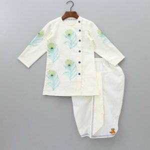 boys' festive peacock embroidered kurta & dhoti pant set