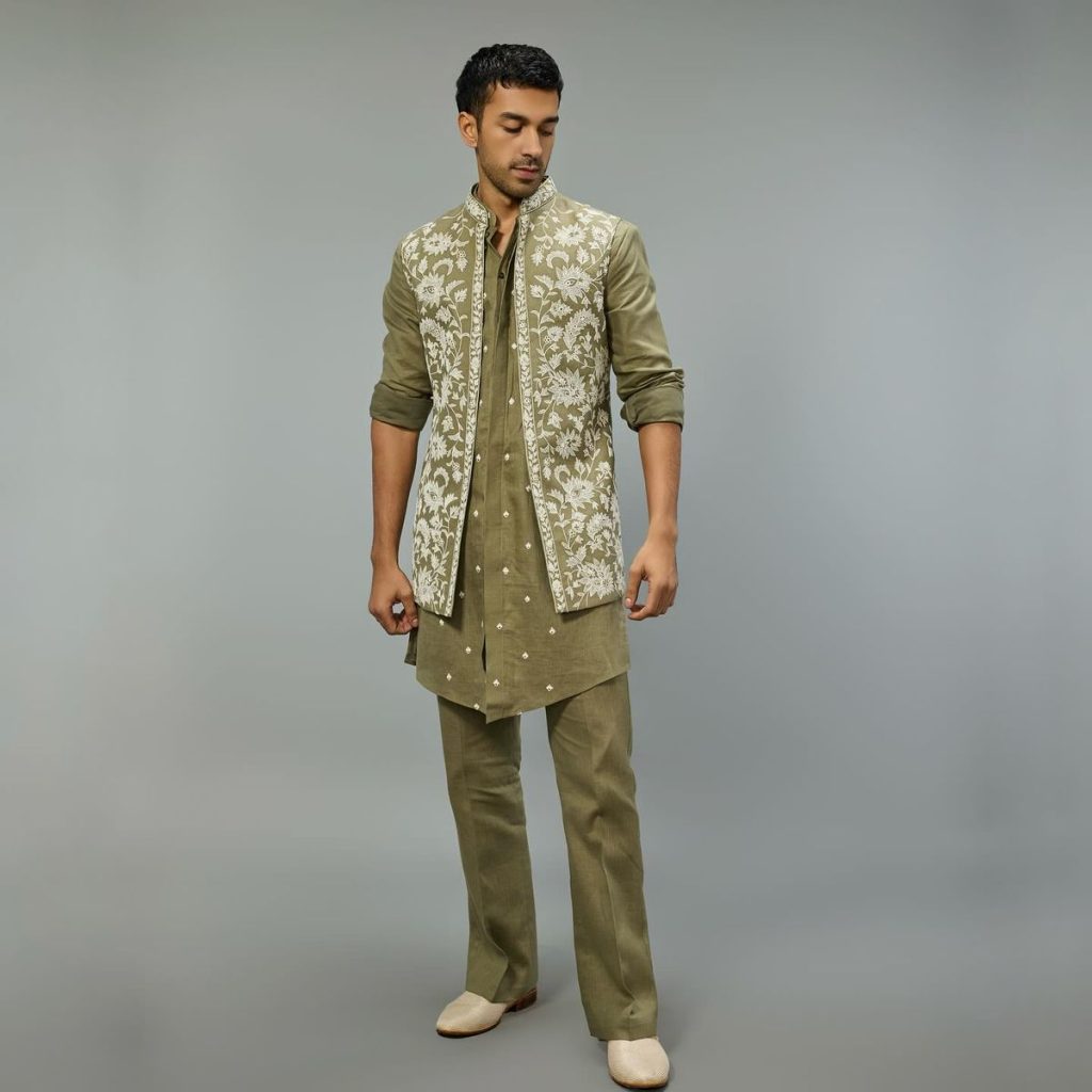 men’s olive sage embroidered nehru jacket & kurta set