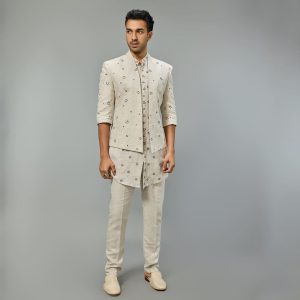 men’s ivory floral embroidered indowestern jodhpuri set