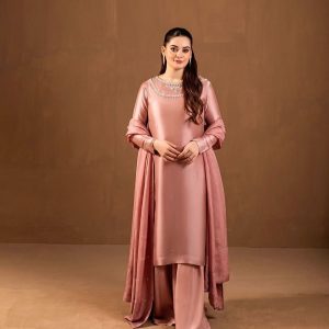 women’s dusty rose silk embroidered salwar kameez set