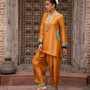 women’s mustard gold raw silk embroidered salwar set